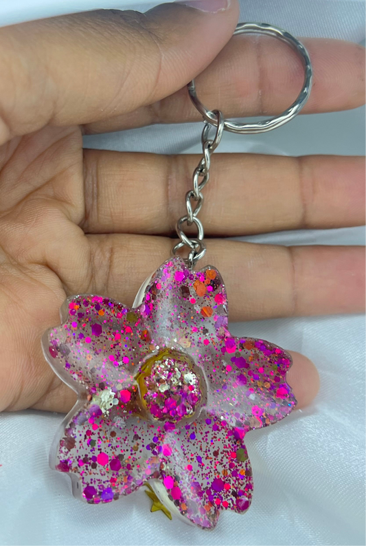 Porte clé Fleur pailletée rose